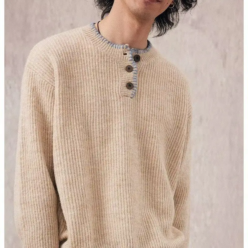 Maglione lavorato a maglia da uomo con bottoni Ne rotondi retrò Autunno Inverno oulder Drop Off-oulder Texture Casual Top Trendy Base irt