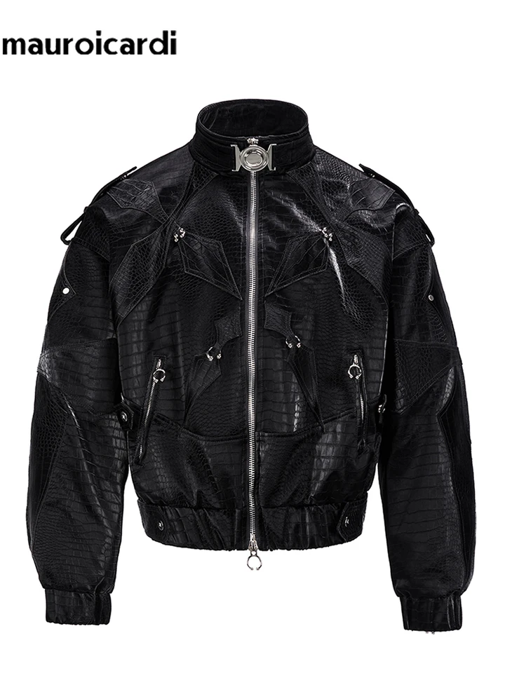 Mauroicardi Spring Autumn Cool Short Shiny Black Crocodile Print