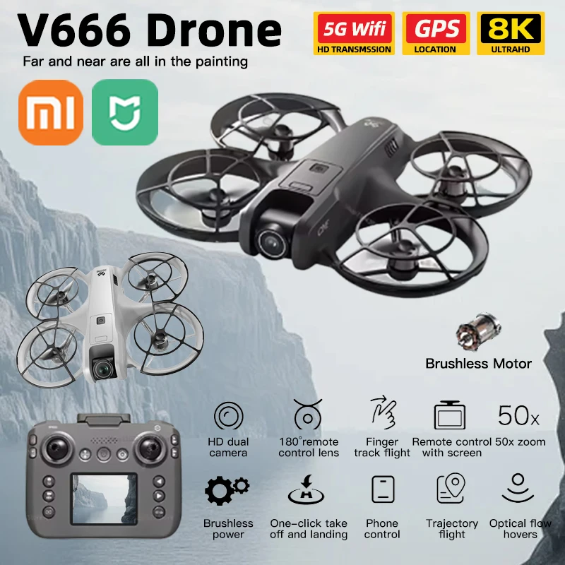 

Xiaomi Mini Drones V666 8K Professional HD 360° Dual Cameras 5G Brushless Motors Obstacle Avoidance FPV Foldable Quadcopter Toy