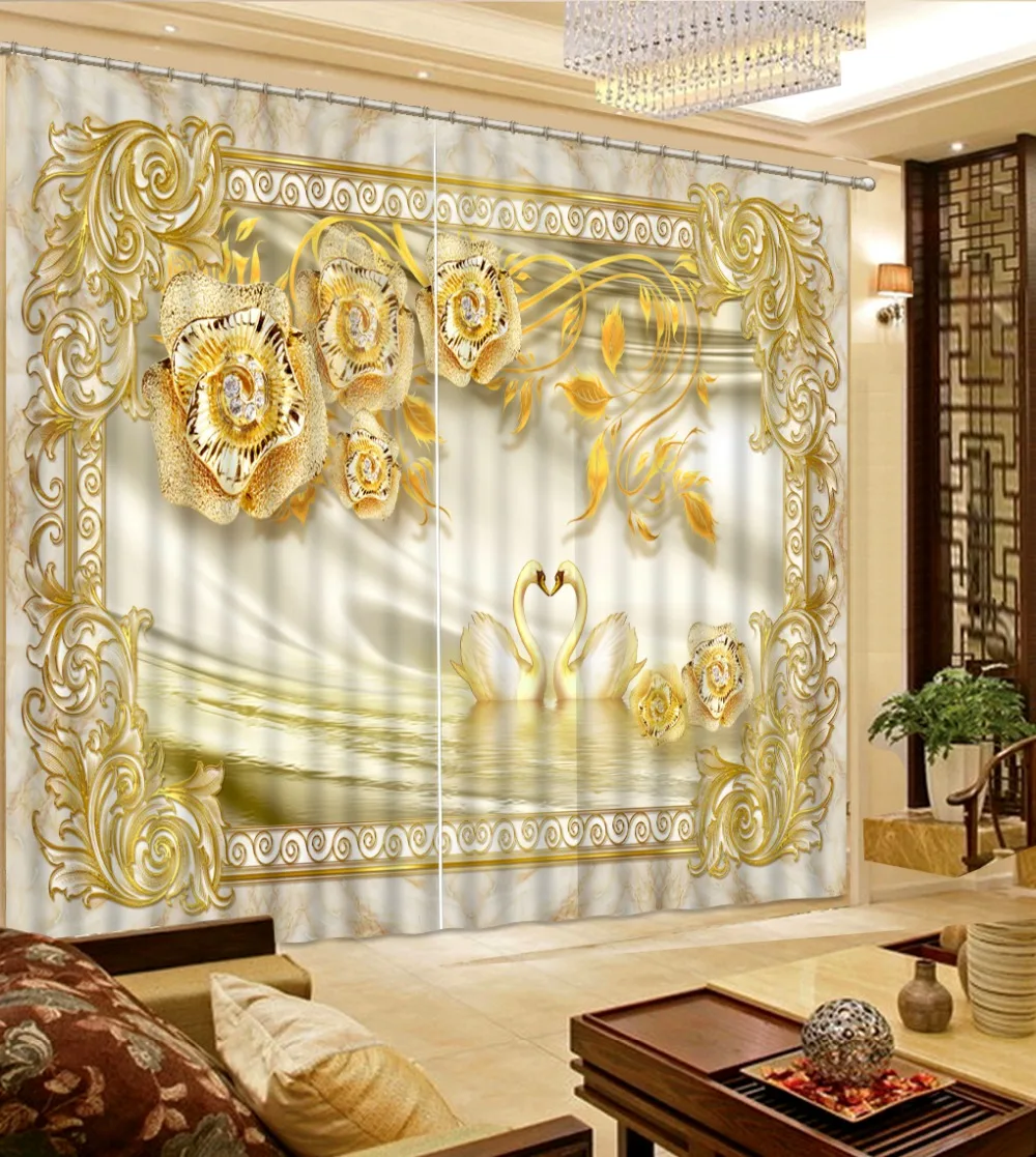 Luxury European Modern 3d curtains custom curtains Marble Gold Flower Diamond Swan home bedroom decoration