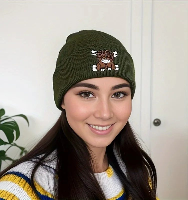 Unisex-Mütze mit Highland-Kuh-Stickerei, weiche warme Strickmütze für den Herbst und Winter – Detail 6