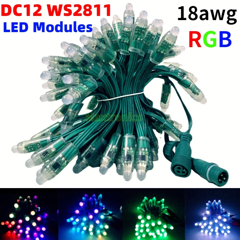 500pc High-Quality DC12V 12mm WS2811 RGB LED Modules Light 13.5mm Connector IP68 18AWG White/Black/Green/RBW Wire Festival Decor