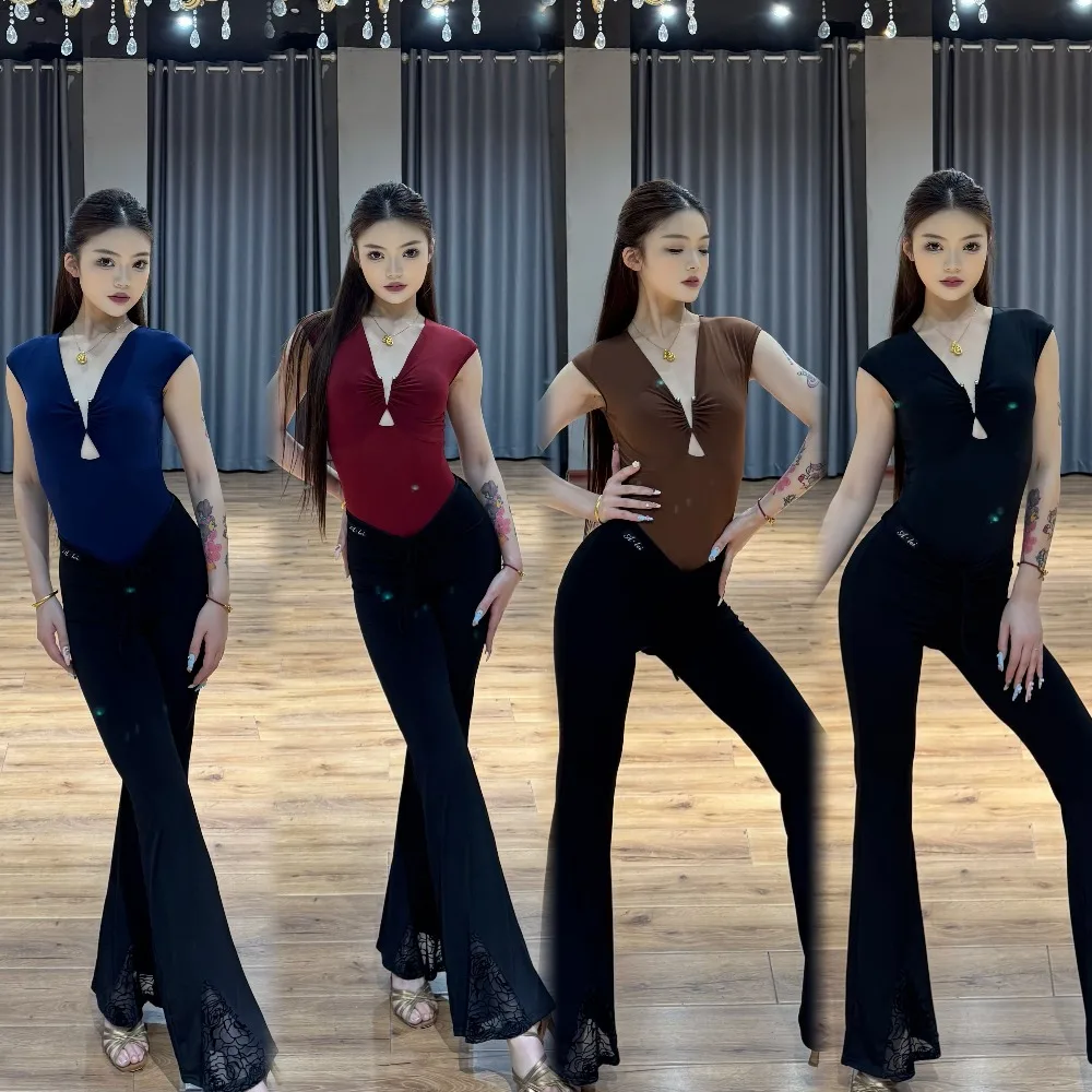 Customized Latin Dance Clothing Adult Women Leopard Tops Chacha Rumba Samba Dance Pants Performance Costume Latin Practice Wear