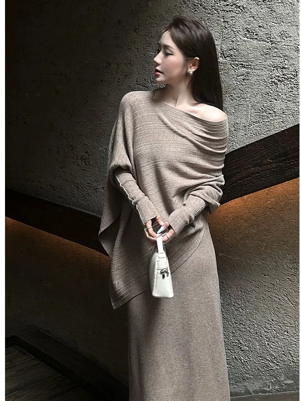 

plus Size Knitted Dr And awl Set for Women Spring Season Casual Sle Long Sve One oulder Design Faionable Ensemble
