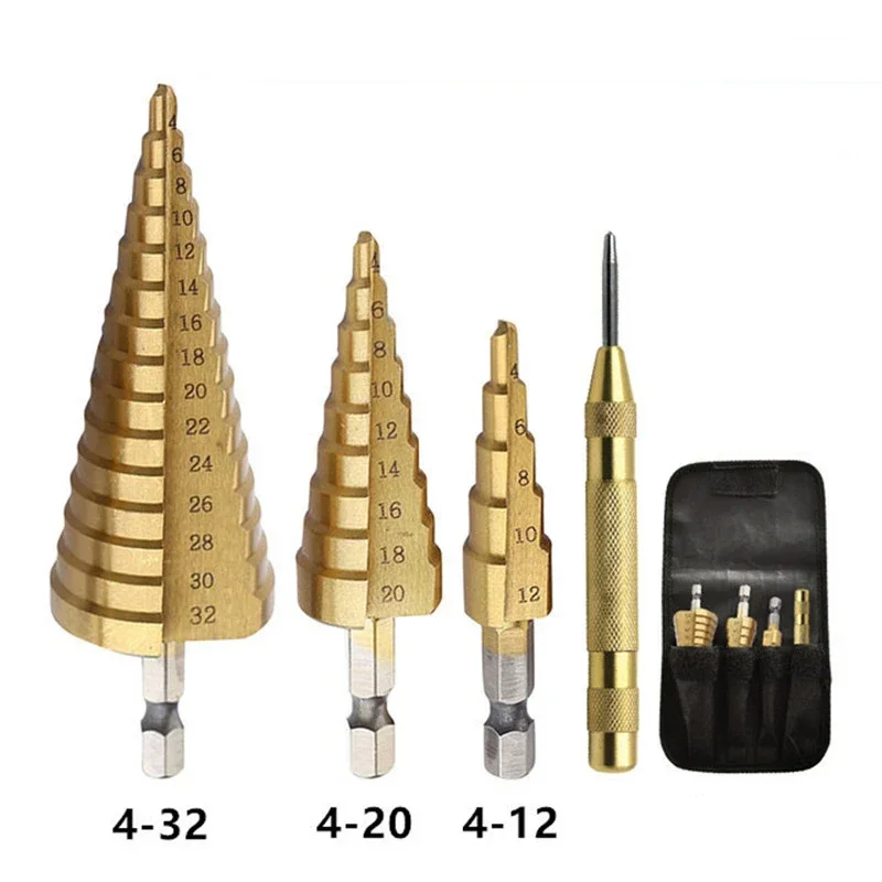 High Speed Steel Core Drill Bit Set 3Pcs 4 12mm 4 20mm Titanium Coated Step Drill Bit for Woodworking Metal Drilling243
