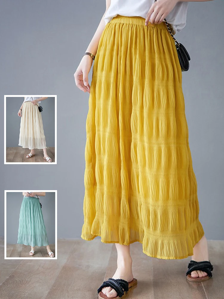 

Юбка с высокой талией однотонного цвета для женщин больших размеров, плиссированная длинная юбка А-силуэта, универсальная, омолаживающая, струящаяся юбка