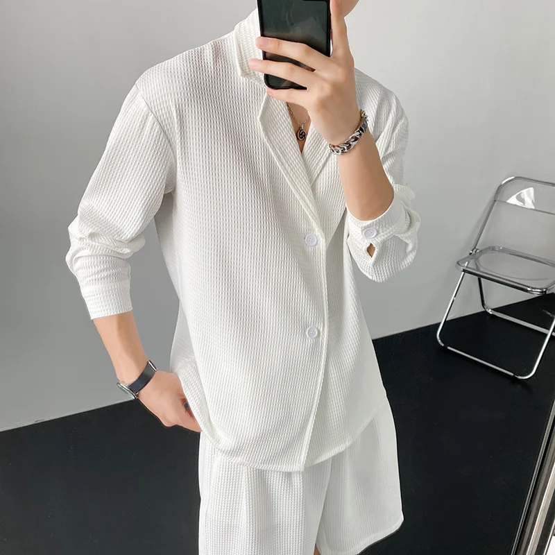 Summer Black/White Sets Men Fashion Long-sleeved Shirt Shorts Two-piece Men Korean Casual Loose Plaid Sets Mens Suit M-2XL