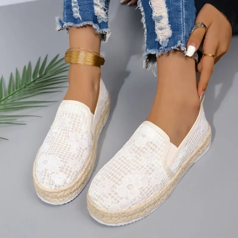 Flax Oriental retro breathable Loafers Faux pearls  detail espadrille flats Simple mesh canvas women shoes