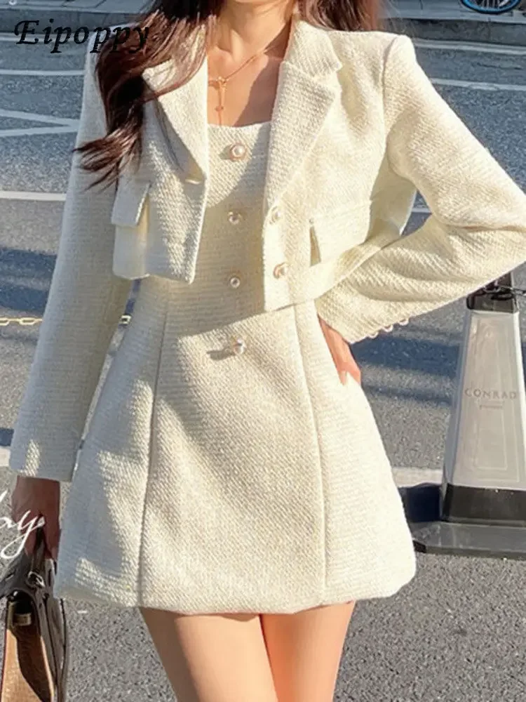 Vetement Femme 2023 Two Piece Set Women Crop Top Short Jacket Coat + Mini Dress Suits Ensemble Femme 2 Pieces Dress Set