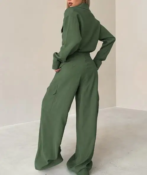 Jumpsuit Kaki Lebar Pinggang Tinggi Kancing Sebaris Kerah Warna Solid Jumpsuit Kancing Modis Gaya Pakaian Kerja Kasual Wanita Musim Panas
