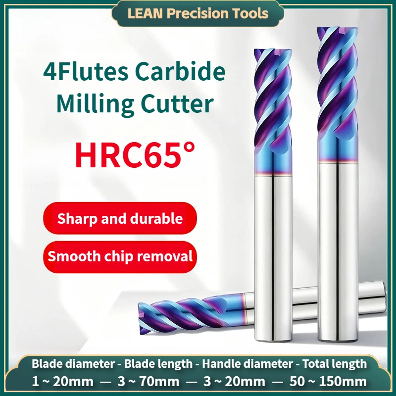4-Flutes End Mills Extended Flat End Milling Cutter HRC65° Coating Tungsten Steel Flat Head Carbide Coating for Stainless Steel