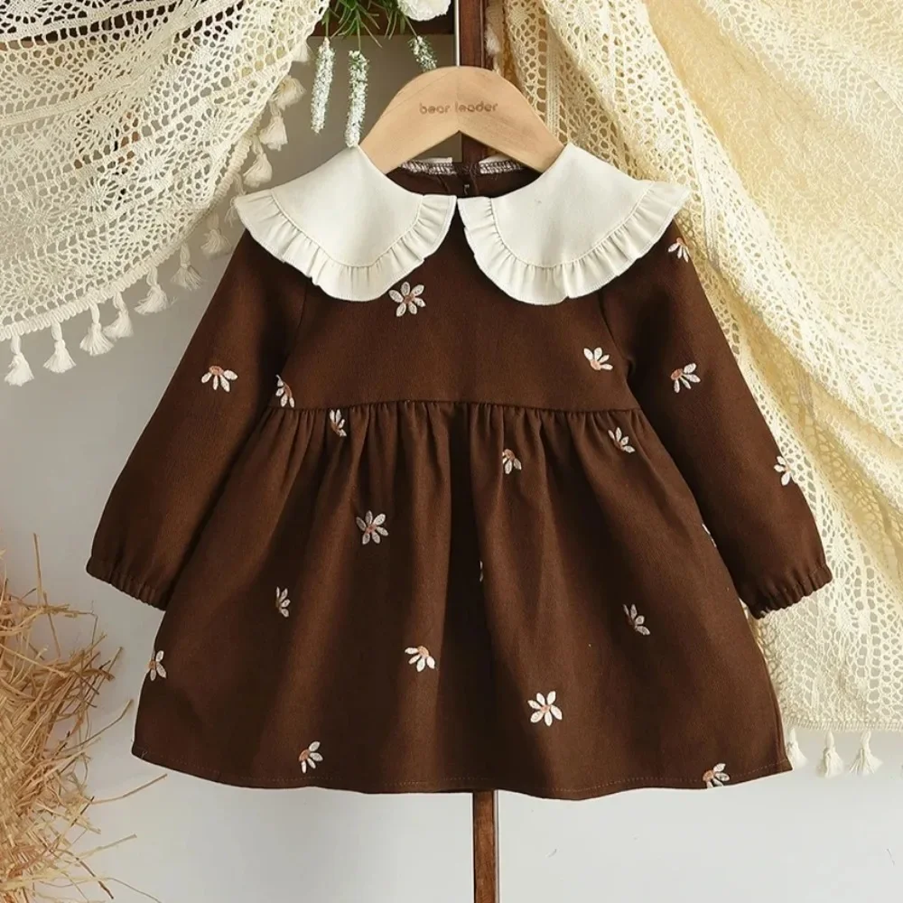 1-3 سنة طفلة الخريف نمط جديد دمية طوق بأكمام طويلة فستان الأميرة الأزهار النسخة الكورية زي الأطفال غير رسمي