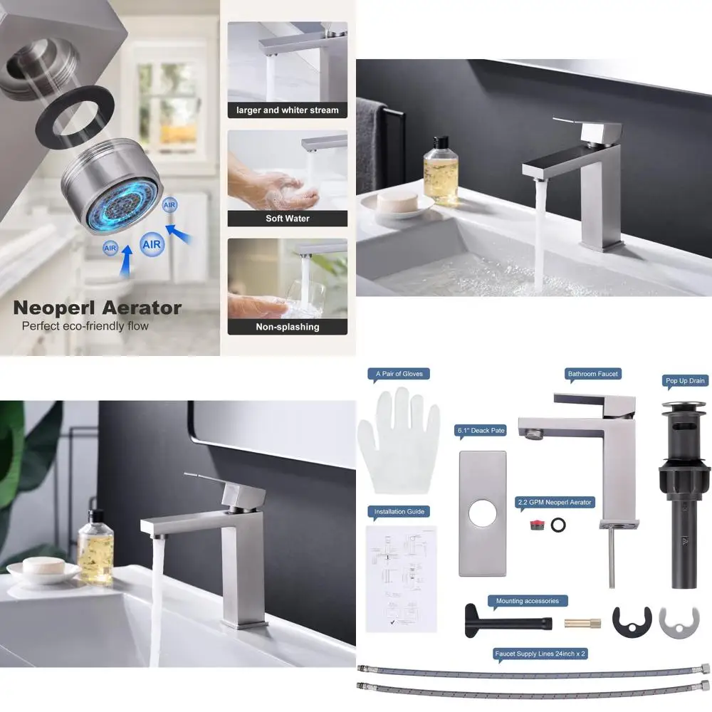 

Single Hole Brushed Nickel Bathroom Faucet with UPC Certified Supply Lines and Pop-Up Drain