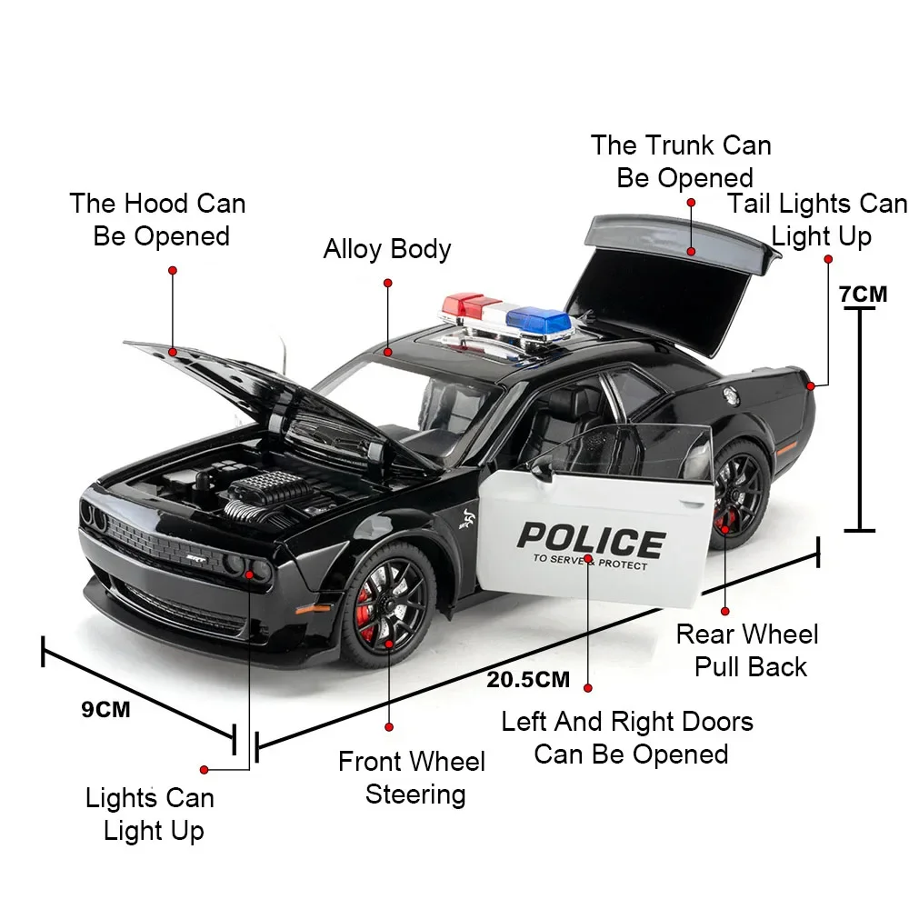 Voiture de police Dodge Hellcat en alliage moulé sous pression avec son et lumière, jouet de véhicule à 4 portes ouvertes, cadeau d'anniversaire pour garçon, 1:24