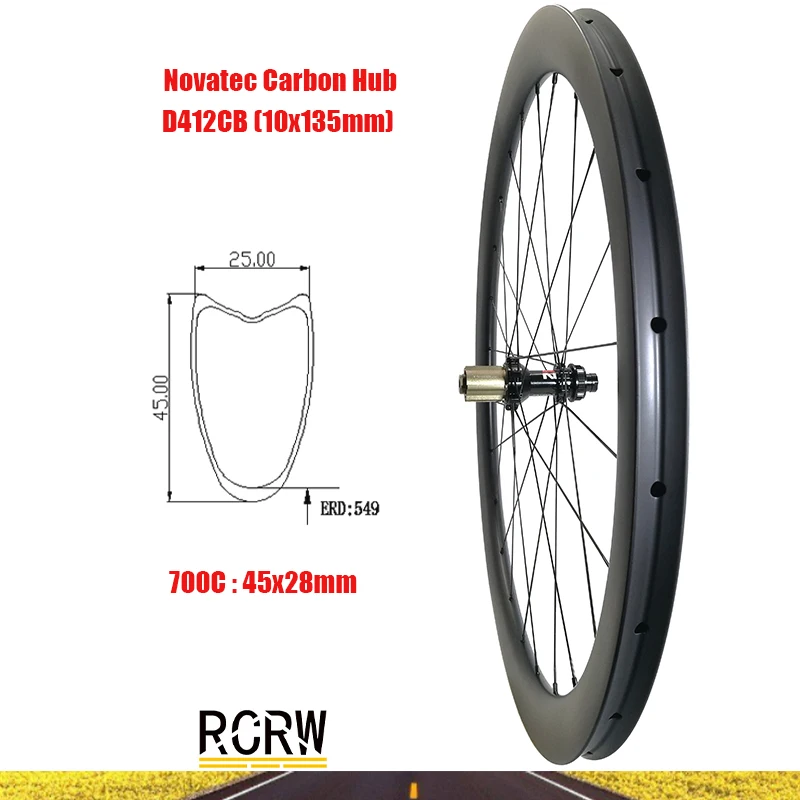 700C Road 45x28mm Rear Wheel Carbon Rim 24 Hole Tubular Deep 45 Wide 28 Novatec D412CB Center Lock Campy Hub Pillar Wing20 Spoke