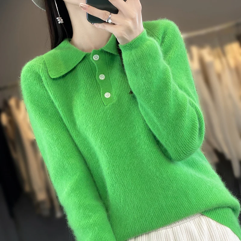 RONGYI Autumn And Winter New 100% Mink Cashmere Lapel Women\'s Solid Color Loose Pullover Knitted Padded Warm Long Sleeve Top