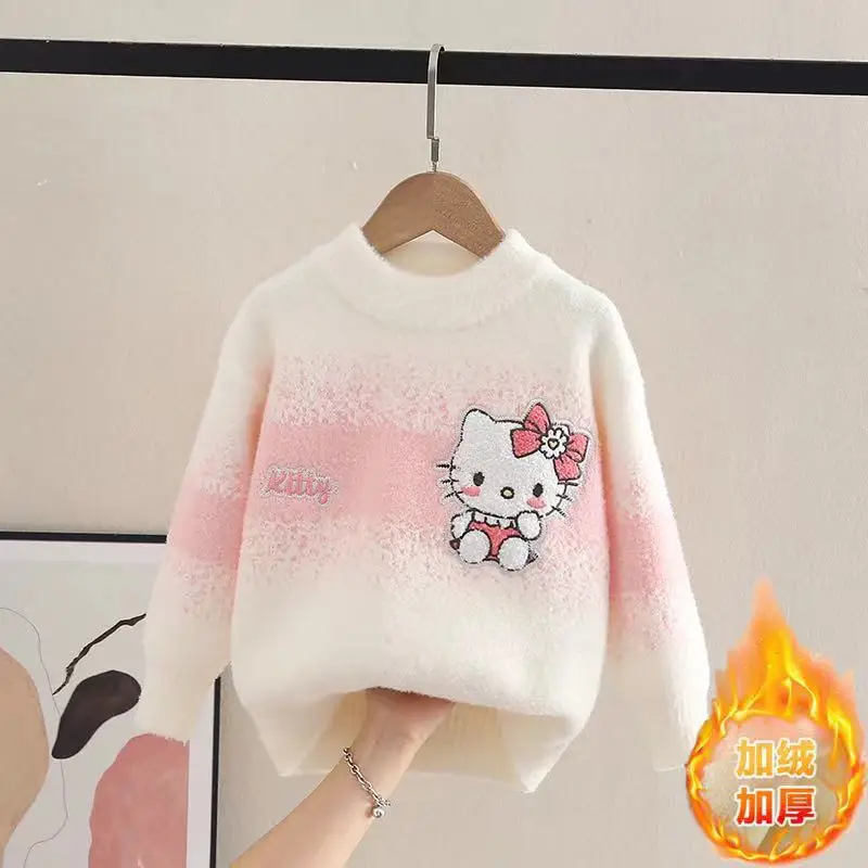 

Hot Sanrio Girl Sweater Hello Kitty Kawaii Anime Fashion Student Winter Sweater Round Neck Thickening Casual Children Clothing