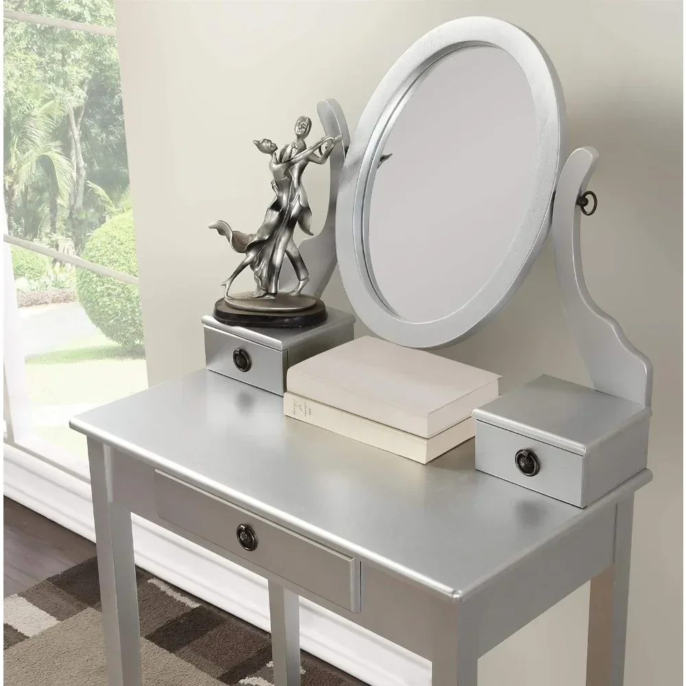 Moniys Wood Moniya Makeup Vanity Table and Stool Set, Silver