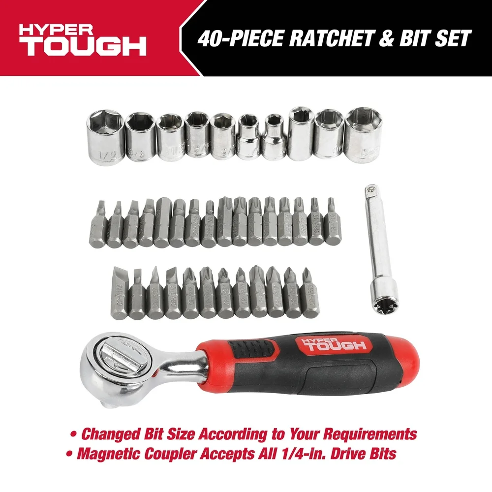 

40-Piece Ratchet Socket and Bit Set Click Fit Case Tool Kit Automotive Home Repair Compact Ergonomic Durable Easy Use