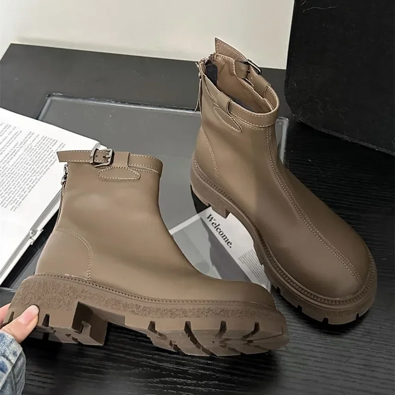 

2025 Autumn Winter Chunky Platform Boots Women Soft Leather Stretch Ankle Boots Fashion Belt Buckle Back Zip Design Knight Boots