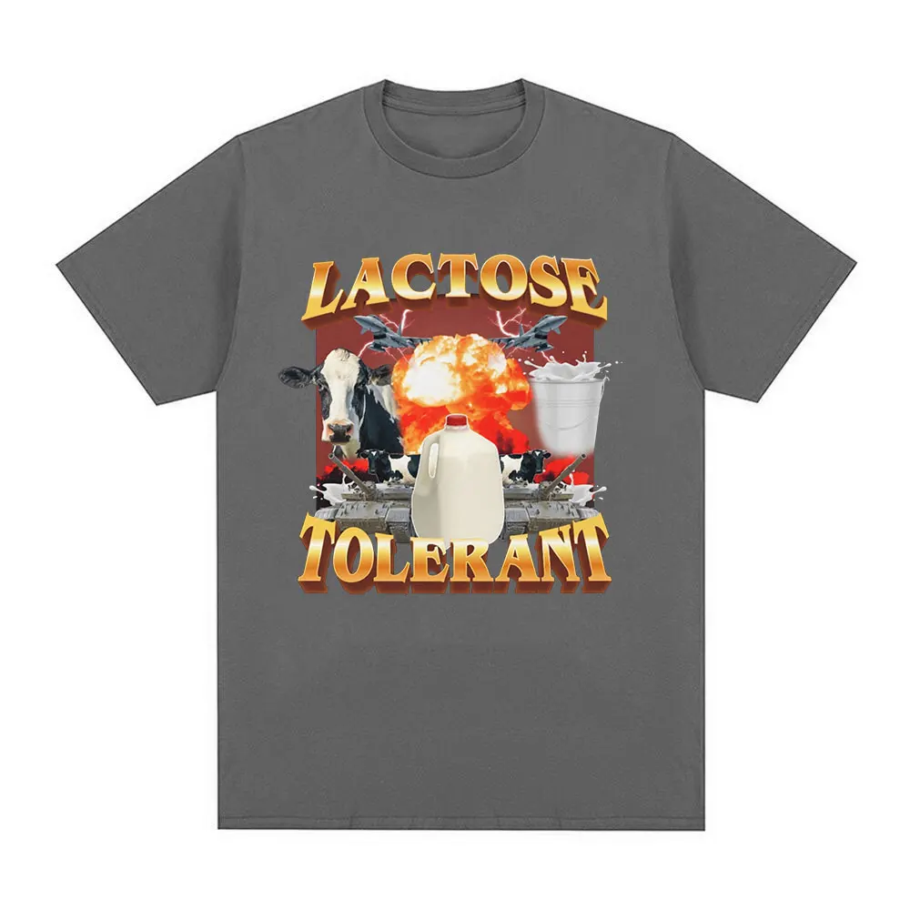 Lactose Tolerant Graphic Print T-Shirt Men\'s Vintage Fashion Short Sleeve T-shirts 100% Cotton Casual Cozy Oversized T Shirts