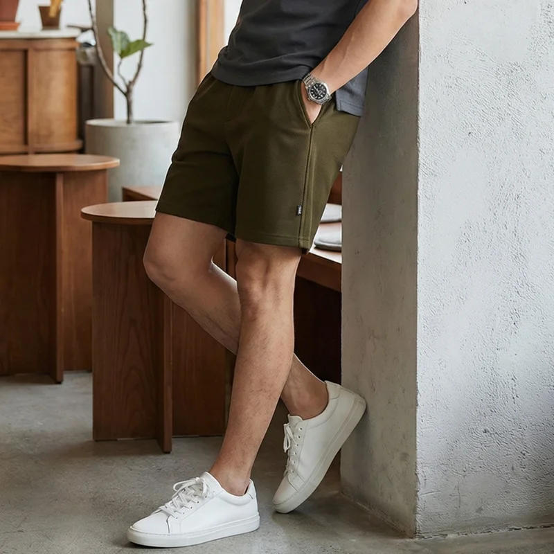 

Minimalist Street Pique Cotton Men Elastic Waist Knee Length Casual Sports Shorts Daily Wear