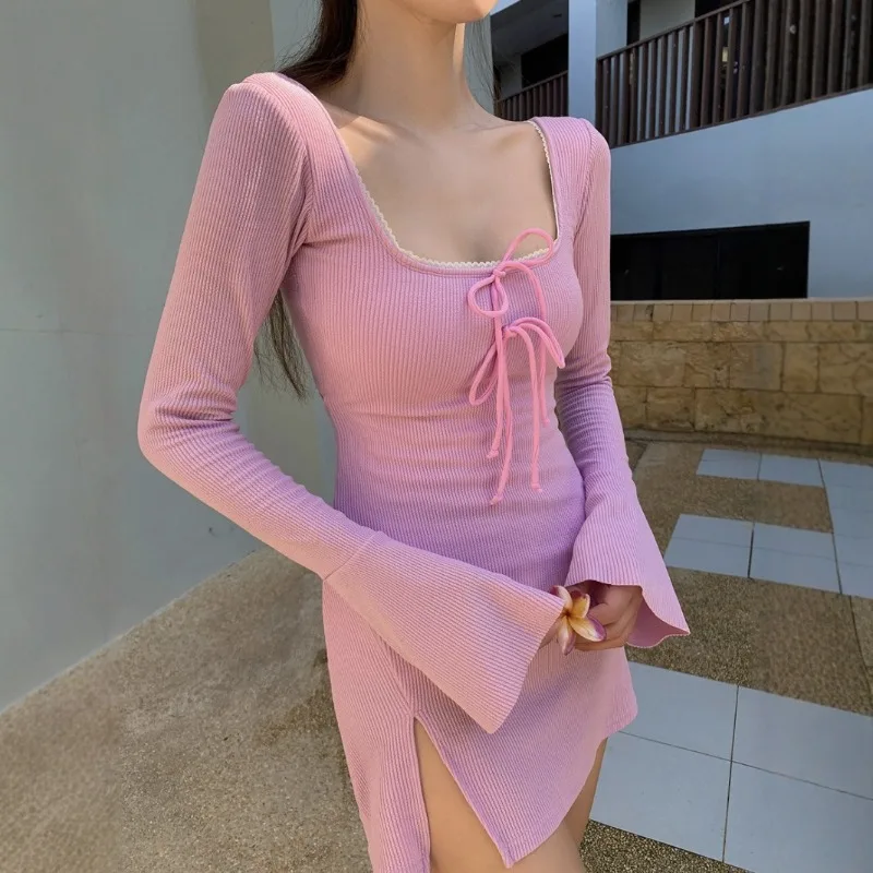 

2024 Conservative Bikini Horn Long-sleeved Dress-style Solid Color Simple Small Fragrant Swimsuit Women's Thai Swimsuit