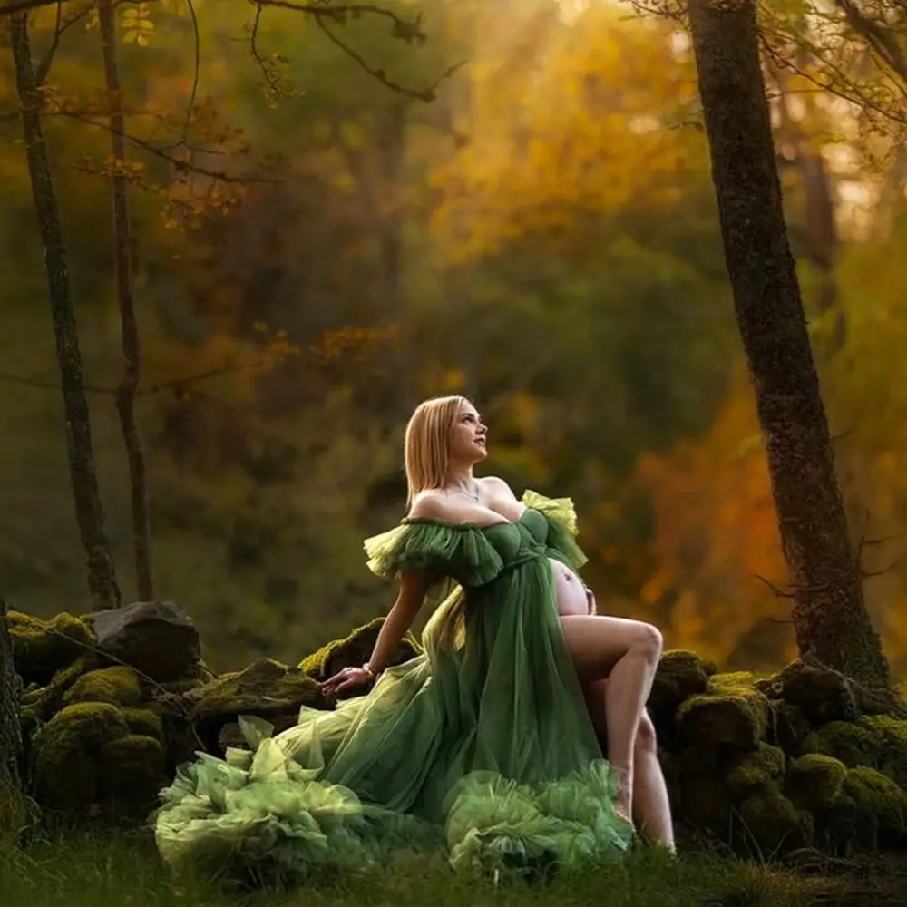 

Adorable Green Open Front Sexy Ball Gown Gravida Dresses Gift for Mother-to-be Soft Tulle Party Gown for Pregnancy Photographs