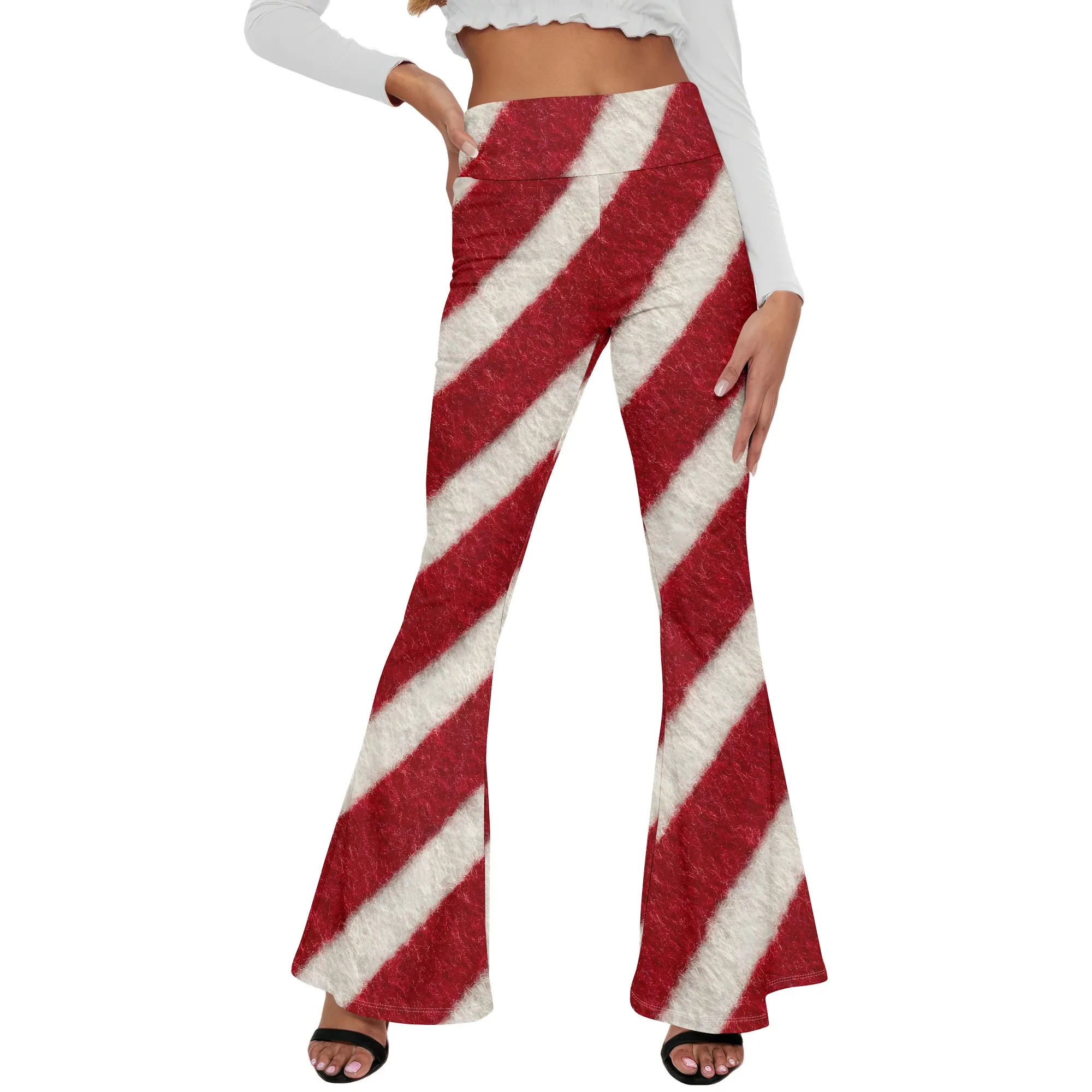 Candy Cane Print, Wide Leg Pants with Headband, Christmas Holiday Lounge Wear, Red White Striped Pajama Bottoms for Women, S-2XL