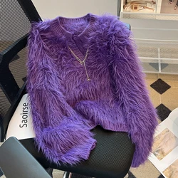 This Year's Popular Mohair Purple Sweater Women's 2024 Autumn New Mink Fur Sweater Furry Coat Lady Plus Size Long Sleeve Sweater