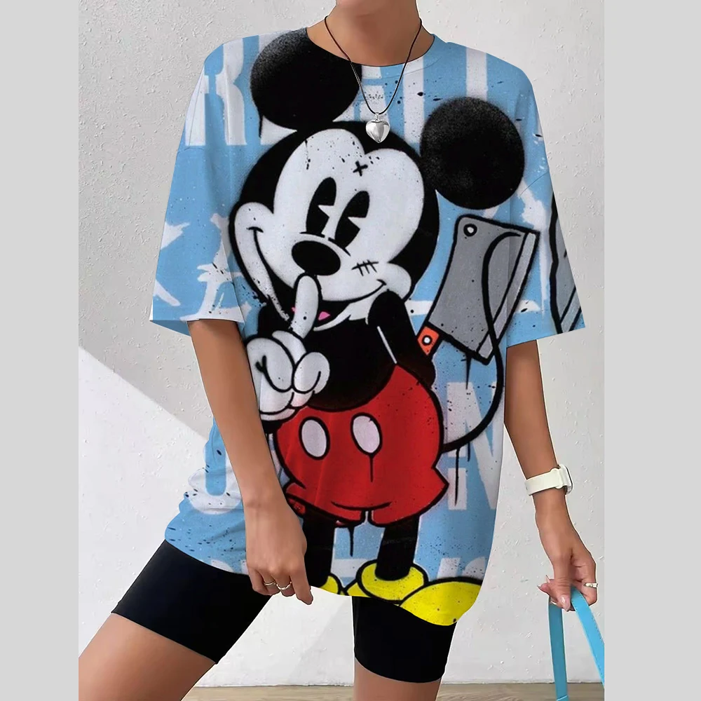 تي شيرت نسائي ديزني ميكي ماوس ثلاثية الأبعاد طباعة جديدة الخامس الرقبة قصيرة الأكمام الصيف ملابس نسائية غير رسمية Harajuku Y2K الهيب هوب الملبس