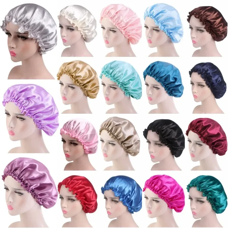 Elastic Band Hair Care Bonnets for Women Solid Color Satin Sleeping Night Caps Femme Hair Cover Beanies Shower Hats Accessories