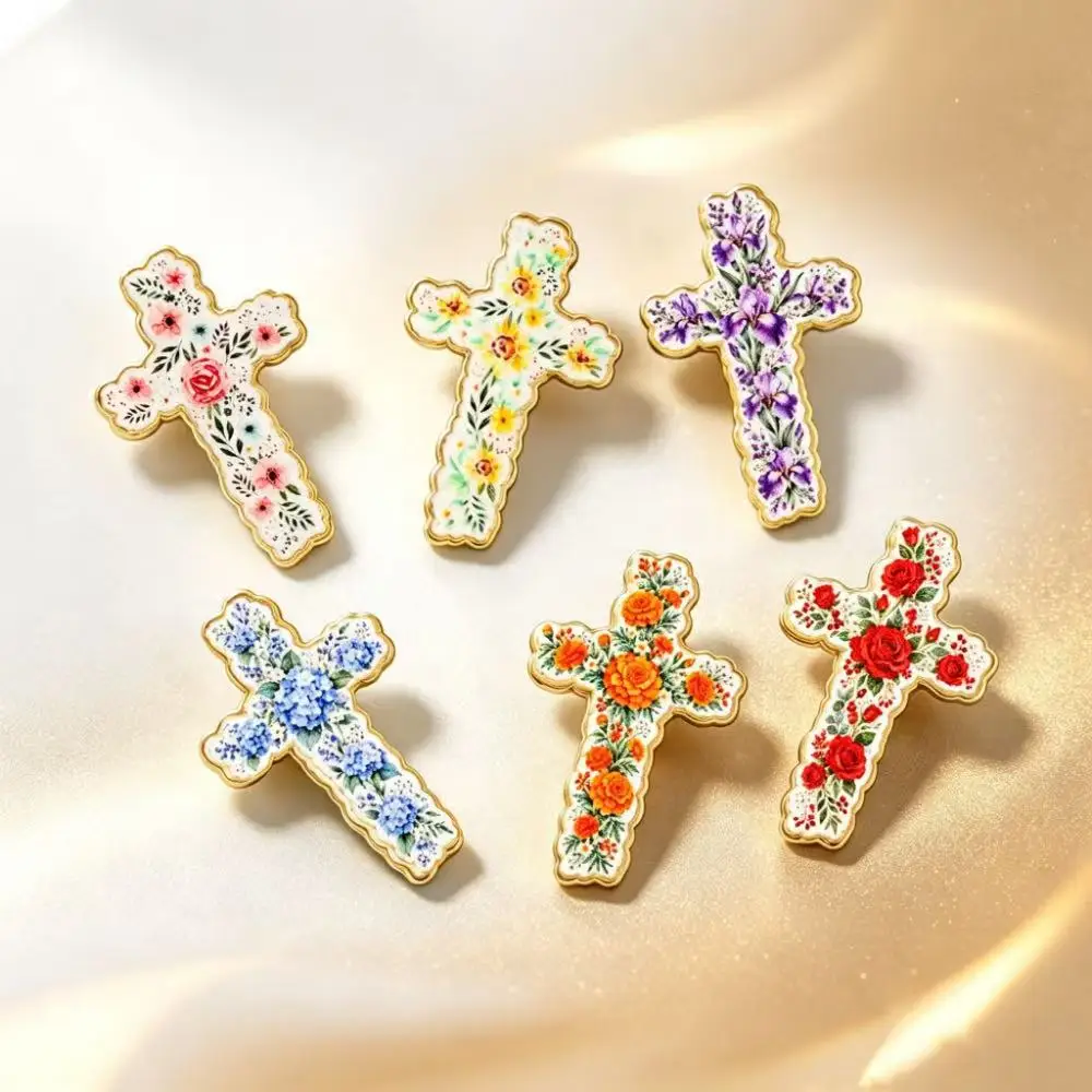 6pcs Vintage Floral Cross Enamel Brooch Pins, Colorful Flower Lapel Badge, Clothing Bag Decor, Black Friday Christmas Gift Jewel