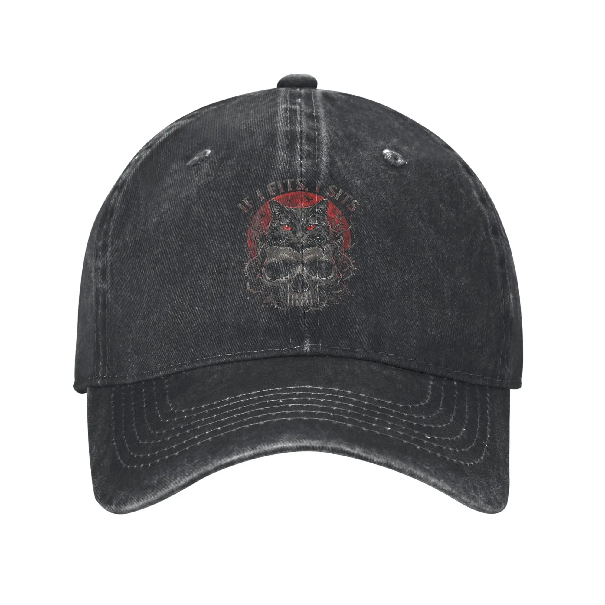 If I Fits I Sits Black Cat Skull Gothic Dark Humor Baseball Cap Sun  Hiking Fishing Hot Sale Washed Trucker Hat Couple Caps