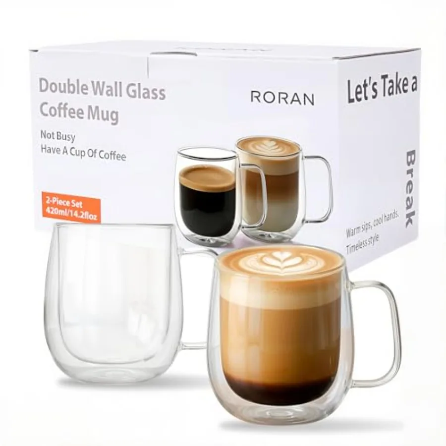 

Double Wall Glass Coffee Mugs, Clear Borosilicate Glass with Handle, 14.2oz, 2 Piece Set, High-Heat Resistant