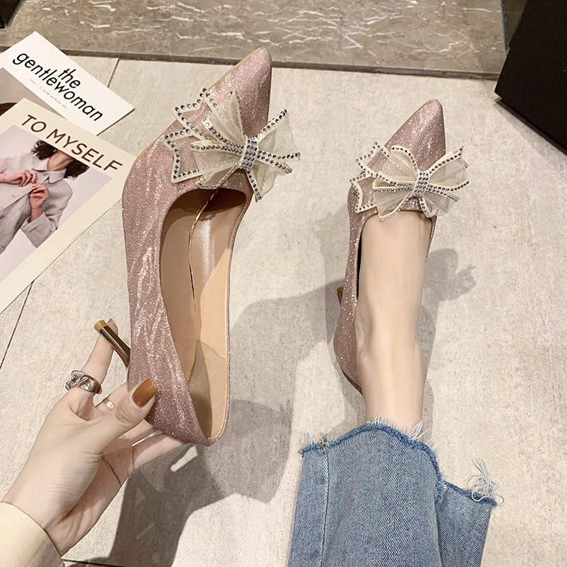 Heels Shoes Women Pumps Pointed Toe Bow Knot Slip On Wedding Sandals Fashion Thin High Heels Solid Bride Shoes 41 42 Sizes