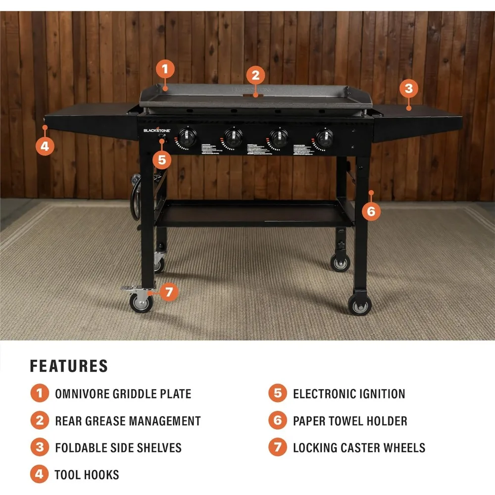 

1554 Гриль Omnivore, 36 дюймов, со складными боковыми полками, сталь с порошковым покрытием, черный