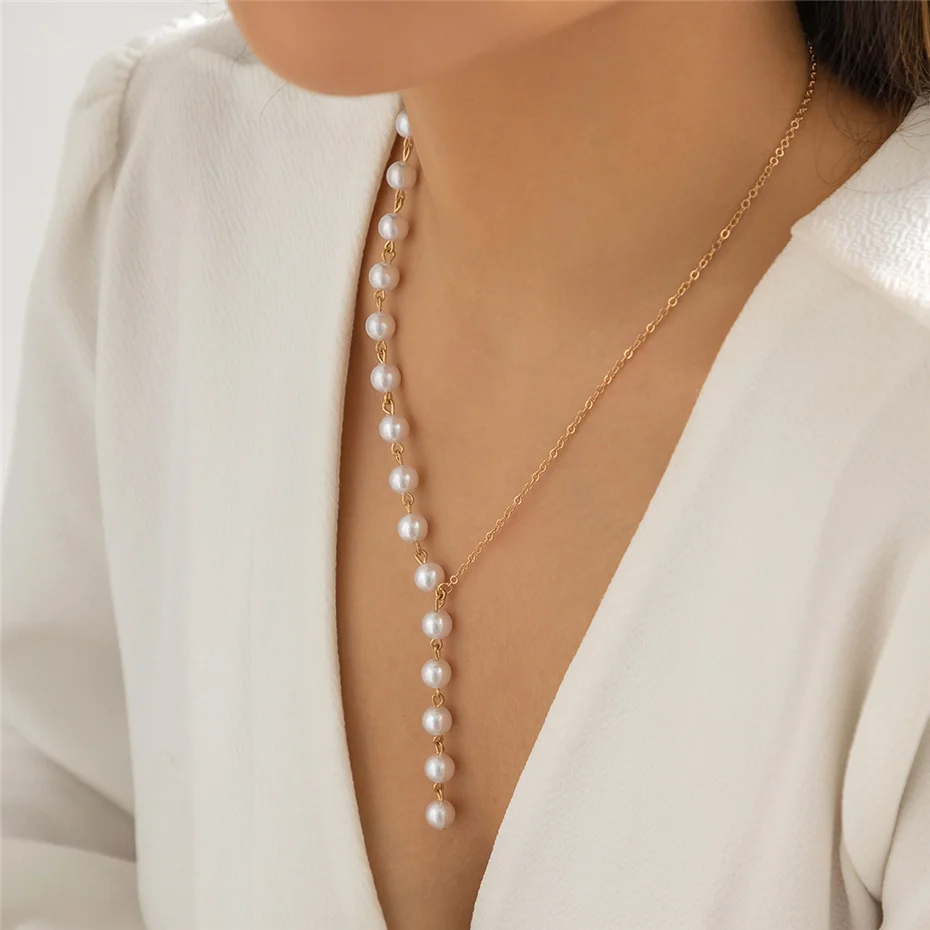Ingemark Elegante Asymmetrische Imitation Perle Brust Kette Halskette Frauen Mi Braut Kpop Perle Lange Halsband Zubehör Schmuck Neue – Detail 8