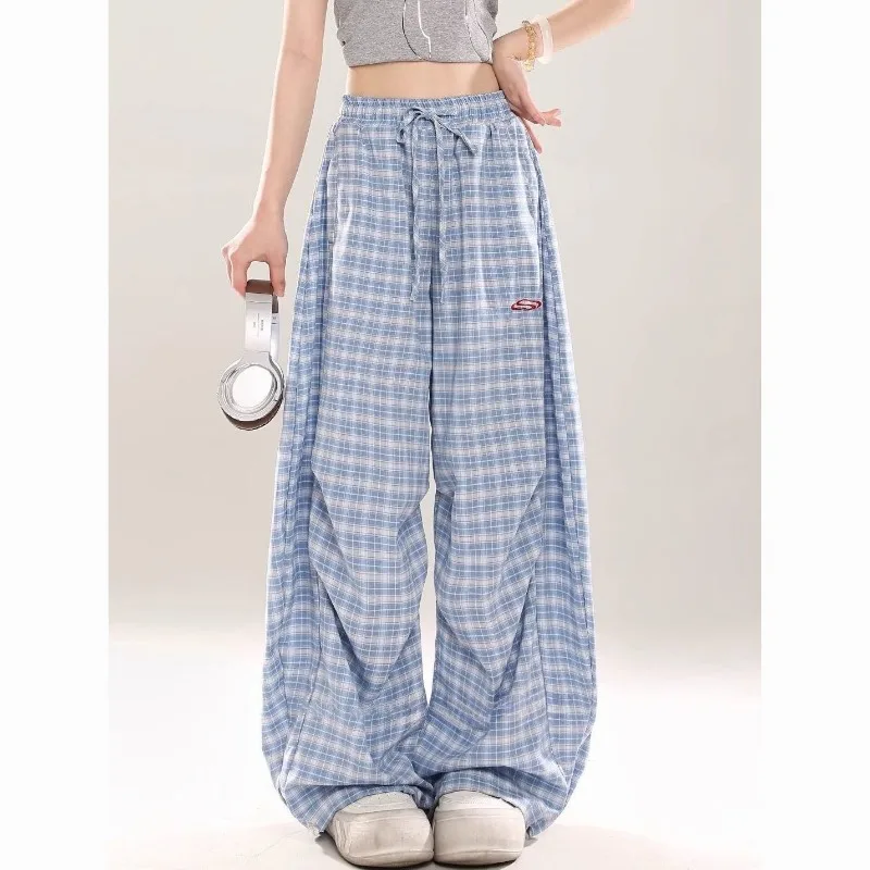 Deeptown Harajuku Vintage Y2k Blue Plaid Women Cargo Pants Embroidery Scimitar Wide Leg Korean Fashion Trousers Baggy Summer
