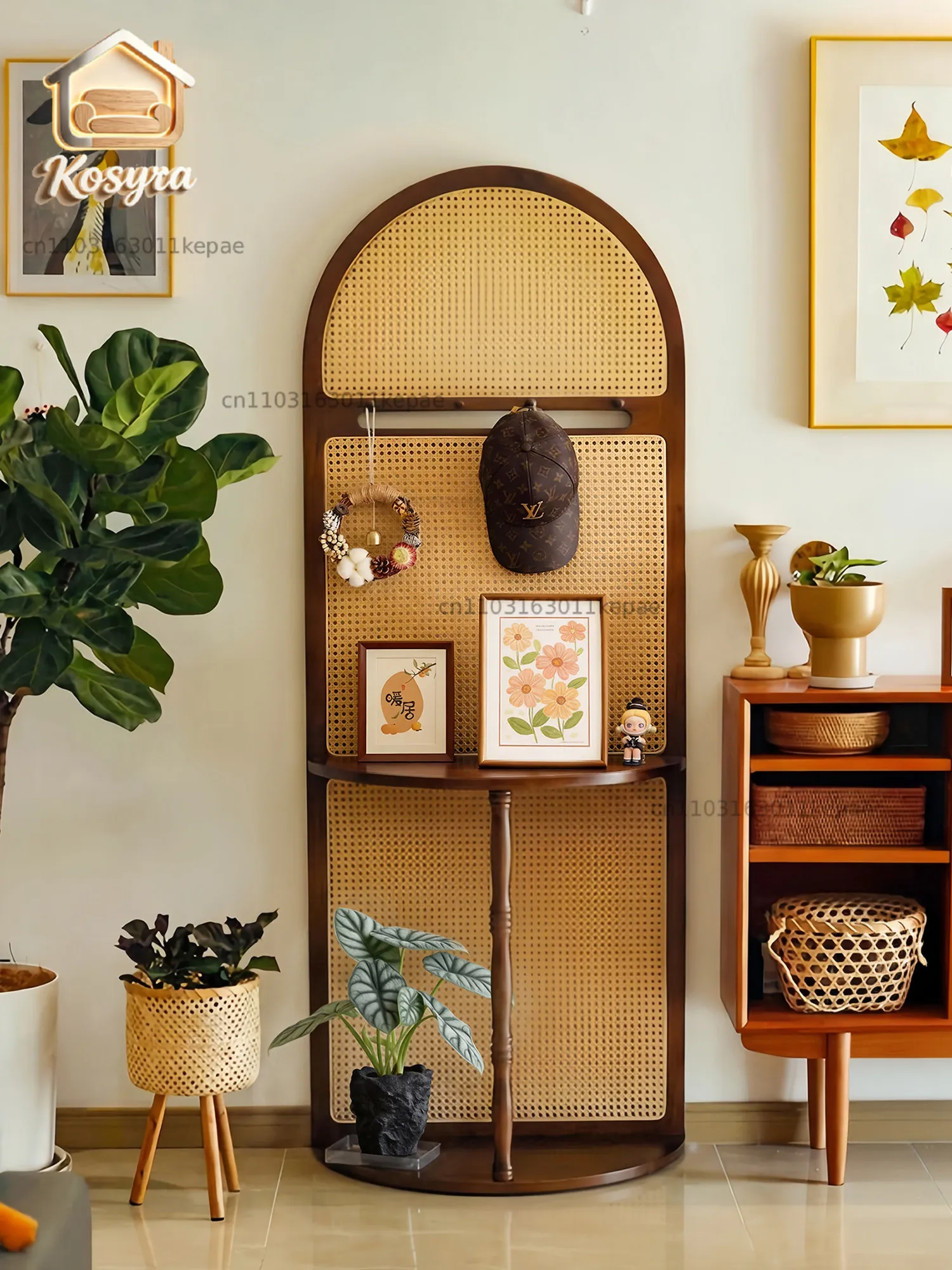 Medieval screen coat rack solid wood rattan partition cabinet living room new office screen station baffle