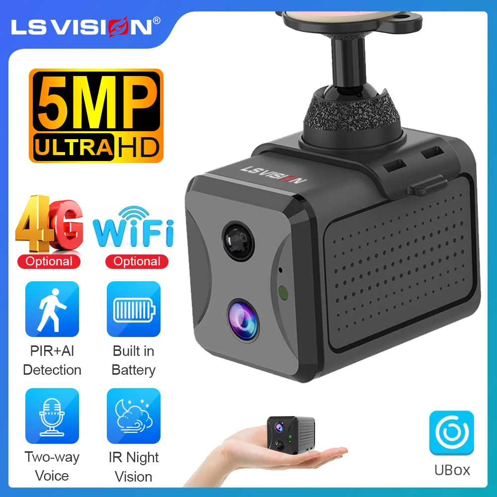 LS VISION 5MP Mini 4G Security Camera Sim Card or WiFi PIR Detection Color Night Vision Two Way Talk CCTV Camera Indoor Ubox App