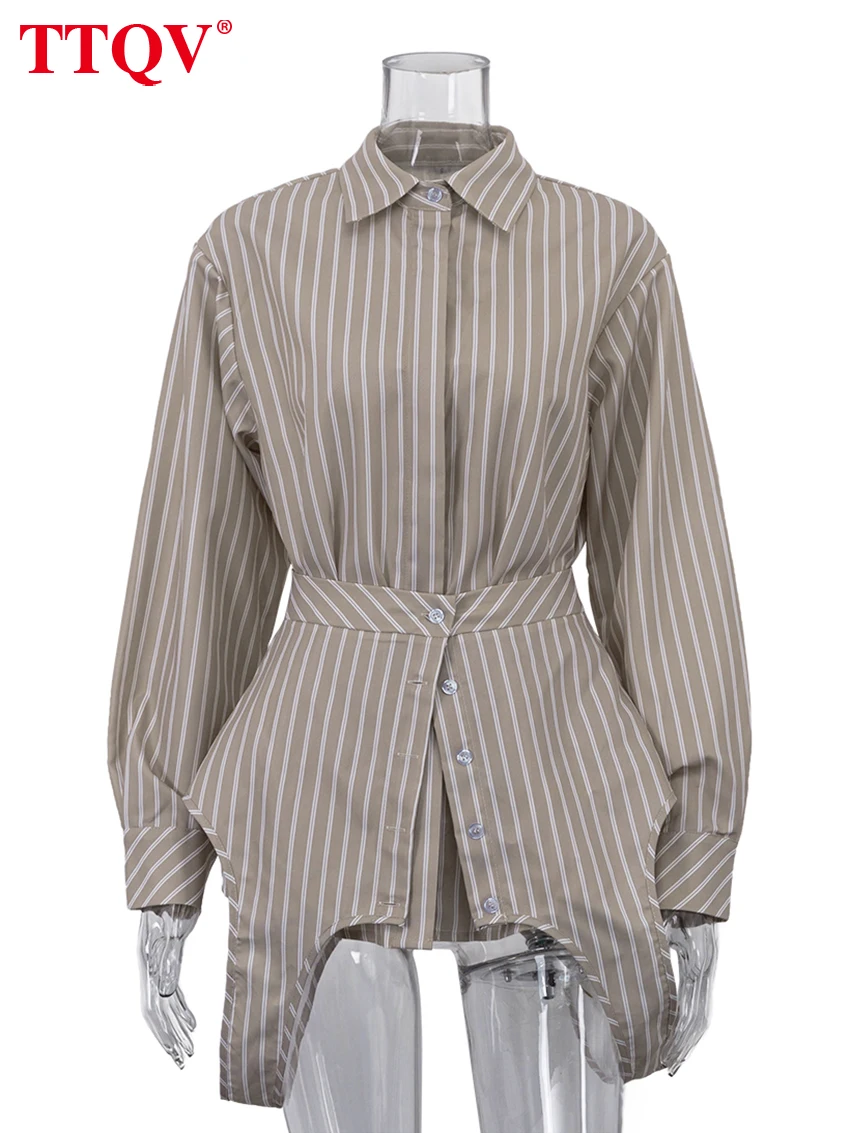 Blus Wanita Motif Garis Longgar TTQV Spring 2026, Kemeja Wanita Lengan Panjang Kerah Lapel Modis, Atasan Elegan dengan Ikat Pinggang, 2 Potong