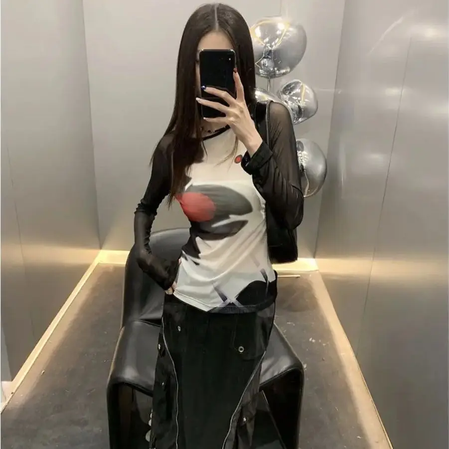 Black Mesh Top T-Shirt Women Transparent Top Chic Women Printed Streetwear Slim Fit Long Sleeve Fall 2024