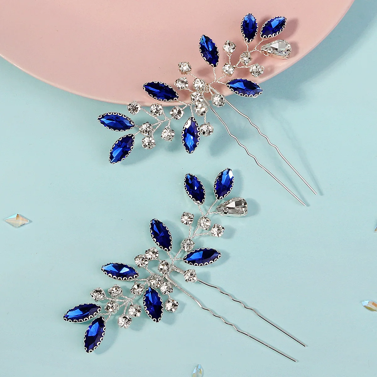 2PK/Set Romantic Blue Handmade Hairpin Luxury Rhinestone Unique Women's Hair Accessory Wedding Bridal Headwear image 3