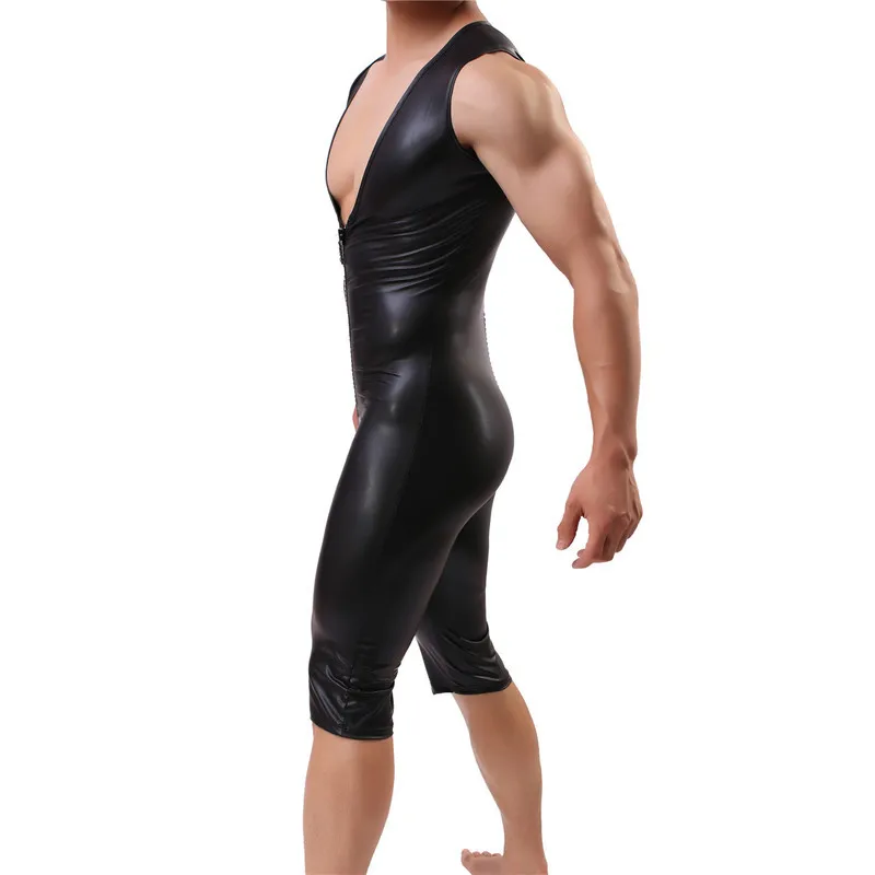 Mens PU Leather Bodysuits Stage Bodycon Catsuit Zipper Open Crotch Jumpsuits Wrestling Singlet One-piece Leotard Dance Clubwear