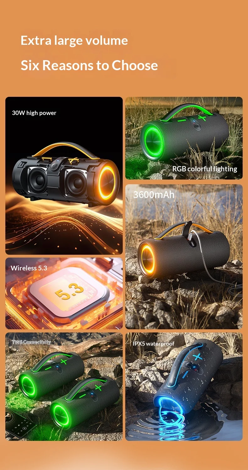 5.3 Bluetooth Portable Speaker Bass Loudspeaker IPX5 Waterproof Battery Sound Audio Box RGB Light For Home Outdoor Party Gaming