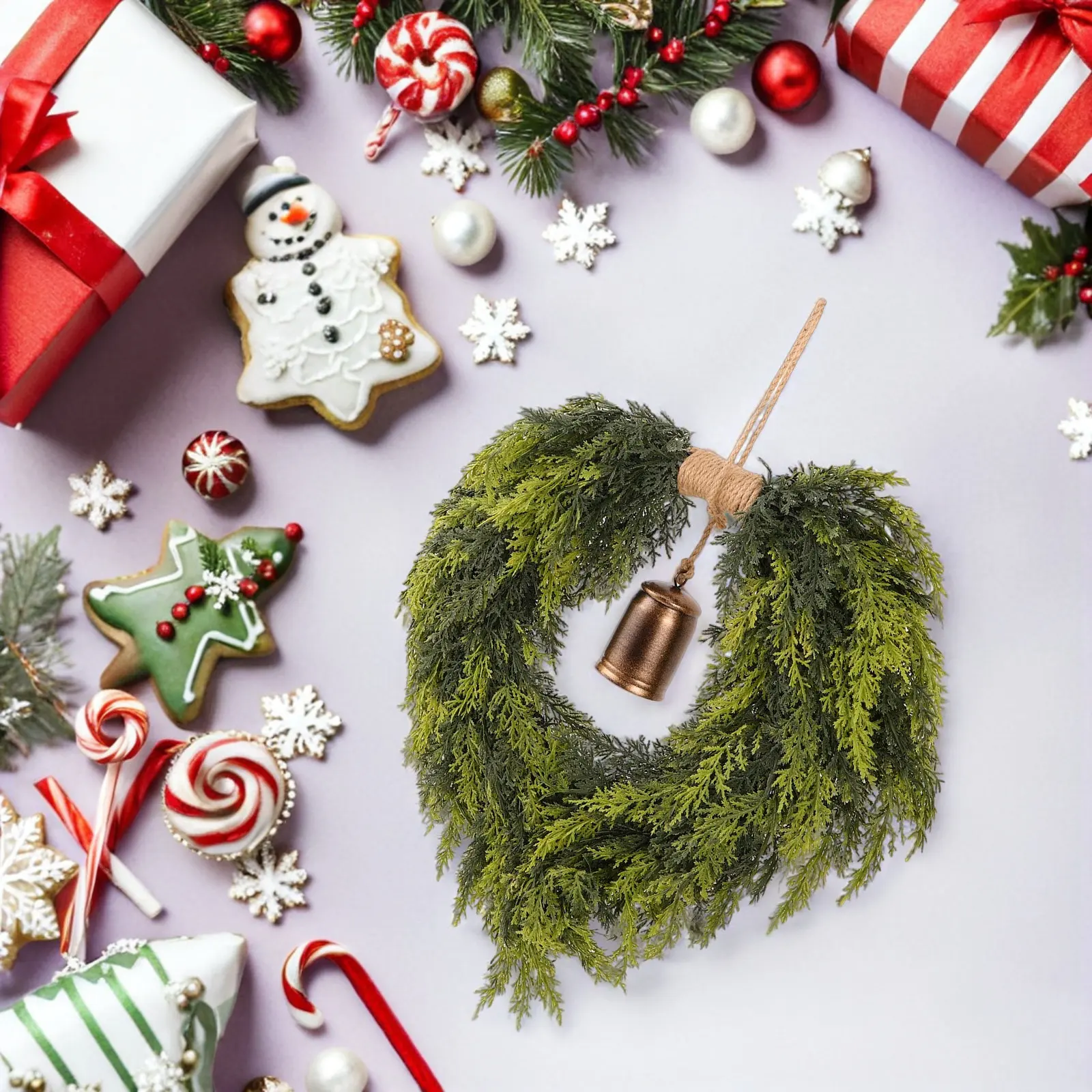 Festive Heart Wreath Christmas Decor Faux Cedar Greenery Jingle Bell Design Door Porch Fireplace Wall Hanging Holiday Winter