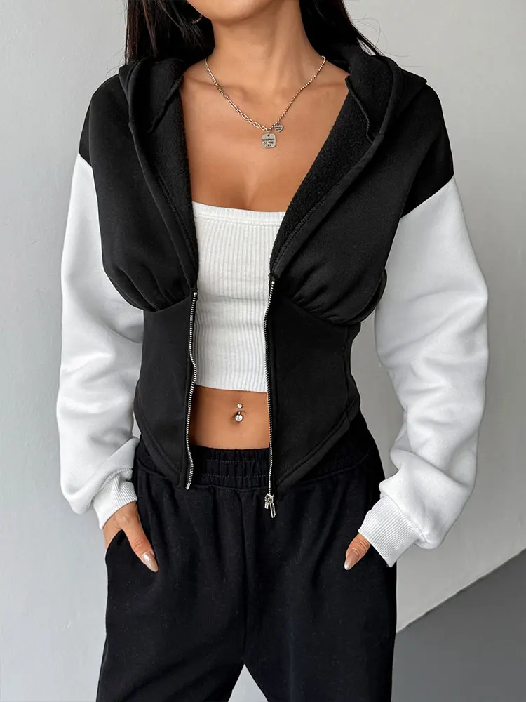 Women Coat Hoodie Autumn New Streetwear Fashion Patchwork Long Sleeves Zippers Hoodie Casual Slim Lady Versatile Sports Clothing
