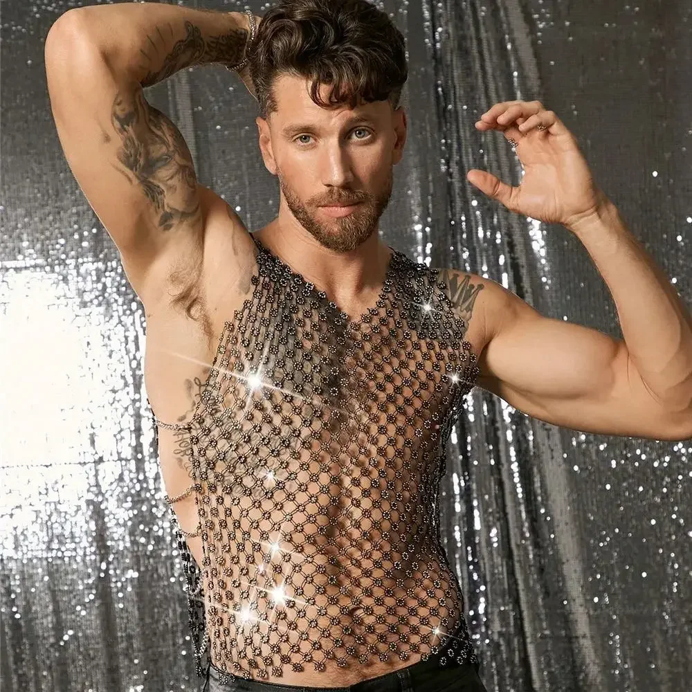 

Новый европейский и американский мужской ажурный жилет со вспышкой и стразами ручной работы для сексуальной, прозрачной мужской одежды