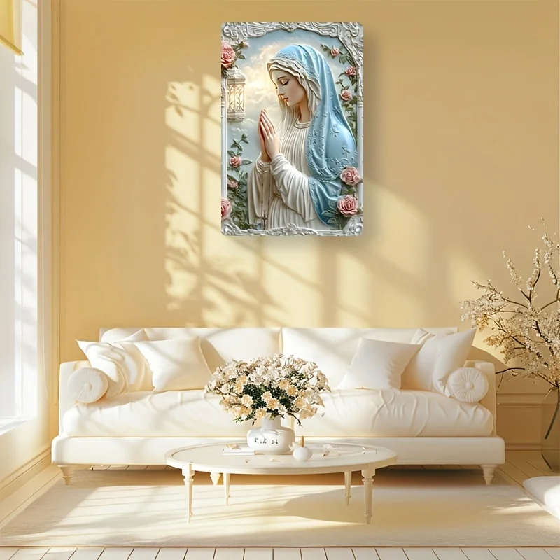 Contemporary Religious Aluminum Wall Art Plaque, 2D Virgin Mary Sign
